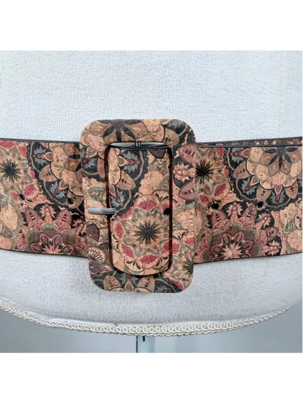 Bohemian Cork Floral Belt Womens Size L/XL Wide Vegan Leather Geo Mandala Print